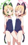  2girls :d animal_ear_headphones animal_ears bangs bare_arms bare_shoulders blonde_hair blue_archive blue_swimsuit blush bow breasts closed_mouth collarbone commentary_request covered_navel fake_animal_ears green_bow green_eyes hair_bow halo highres lemon_pan looking_at_viewer midori_(blue_archive) momoi_(blue_archive) multiple_girls one-piece_swimsuit red_bow red_eyes school_swimsuit siblings sidelocks simple_background sisters small_breasts smile swimsuit tail twins v-shaped_eyebrows white_background 