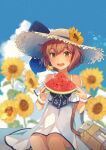  1girl adapted_turret alternate_costume anchor_symbol bag blue_ribbon blue_sky blurry brown_eyes brown_hair cloud cloudy_sky cowboy_shot day depth_of_field dress eating flower food fruit hat headset highres kantai_collection kasumi_(skchkko) looking_at_viewer official_alternate_costume open_mouth outdoors ribbon round_teeth short_hair sitting sky smile solo speaking_tube_headset straw_hat sun_hat sundress sunflower teeth upper_teeth watermelon white_dress yukikaze_(kancolle) 