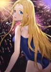  1girl 777._(pixiv) ass blonde_hair blue_eyes blurry competition_school_swimsuit cowboy_shot depth_of_field fireworks forehead from_behind highres kofune_ushio long_hair night school_swimsuit solo summertime_render swimsuit tears very_long_hair 