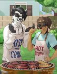  absurd_res anthro apron backyard barbecue building canid canine canis clothing consigspartan daniel_porter digit_ring dobermann domestic_dog dress_shirt duo eyewear fence grass grill hi_res house jewelry male male/male mammal nintendo obstagoon pinscher plant pok&eacute;mon pok&eacute;mon_(species) ring shirt size_difference slice_of_life sunglasses t-shirt topwear tree video_games wedding_ring window 