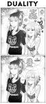  2girls absurdres bangs blush breasts cleavage couple english_text expressionless grs- heart highres monochrome multiple_girls muse_(band) original ponytail radiohead_(band) right-to-left_comic shirt short_hair speech_bubble steaming_body t-shirt yuri 