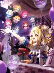  6+girls :d arm_rest arm_up balcony balloon blonde_hair blue_ribbon blurry blurry_foreground bow box character_doll chibi commentary crown detached_sleeves dusk gift gift_bag gift_box gloves highres kunikida_hanamaru kurosawa_dia kurosawa_ruby love_live! love_live!_school_idol_festival_all_stars love_live!_sunshine!! matsuura_kanan medium_hair mini_crown multiple_girls nesoberi nky4321 official_alternate_costume ohara_mari outdoors outstretched_arm ribbon ringlets sakurauchi_riko short_sleeves side_ponytail single_bang sleeveless smile solo_focus striped striped_bow striped_gloves takami_chika tsushima_yoshiko vertical-striped_gloves vertical_stripes watanabe_you white_bow white_gloves wrist_ribbon yellow_eyes 