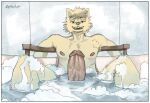  2022 anthro bath blonde_hair canid canine canis domestic_dog erection erokaiga foam fur hair hi_res looking_at_viewer male mammal nipples nude open_mouth open_smile sharp_teeth smile smiling_at_viewer solo teeth water wet yellow_body yellow_fur 