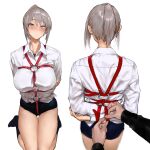  1girl black_legwear black_sleeves blue_eyes blurry blush bound bound_arms bound_wrists breast_hold breasts collarbone collared_shirt commentary dot_mouth facing_away fingernails from_behind full_body grey_hair hair_between_eyes highres knees_out_of_frame large_breasts long_sleeves looking_at_viewer medium_hair o-ring original ponytail pov pov_hands seiza shadow shirt simple_background sitting socks solo_focus standing thigh_gap tied_up_(nonsexual) white_background white_shirt yagi_764364 
