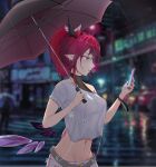  belt bracelet chyraliss crop_top crop_top_overhang earrings highres hololive hololive_english irys_(hololive) jewelry lips midriff navel off-shoulder_shirt off_shoulder pants phone ponytail purple_eyes rain red_hair shirt umbrella white_pants 