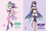  2girls belt bikini black_hair boots breasts character_name chaya_mago collarbone cosplay detached_sleeves green_hair harpie_dancer harpie_dancer_(cosplay) harpie_girl harpie_girl_(cosplay) hat highres holding holding_wand kurosaki_ruri long_hair lyrilusc_-_ensemblue_robin lyrilusc_-_ensemblue_robin_(cosplay) medium_breasts multiple_girls orange_eyes purple_eyes purple_hair rin_(yu-gi-oh!) schoker short_hair signature swimsuit thighhighs wand windwitch_-_ice_bell windwitch_-_ice_bell_(cosplay) winged_arms wings witch_hat yu-gi-oh! yu-gi-oh!_arc-v 