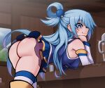  aqua_(konosuba) ass ass_focus bent_over blue_eyes blue_hair blue_skirt bright_pupils highres kono_subarashii_sekai_ni_shukufuku_wo! long_hair looking_at_viewer looking_back lord_guyis no_bra no_panties skirt smirk thick_thighs thighhighs thighs upskirt 