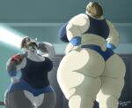  2022 absurd_res anthro blue_bottomwear blue_clothing blue_shorts bottomwear breasts butt canid canine canis claws cleavage clothed clothing duo female finger_claws fingers fur grey_body grey_fur grey_tail hair hand_on_hip hi_res inside locker_room mammal monotone_clothing overweight overweight_anthro overweight_female polar_bear shorts signature tattoo topwear ursid ursine wolf xxsparcoxx 