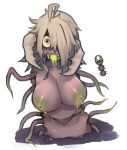  1girl ahoge breasts burrowing clinger_(terraria) colored_nipples commentary english_commentary fangs green_eyes grey_hair hair_over_one_eye large_breasts long_hair looking_at_viewer mandibles monster_girl nude nyong_nyong personification poison reference_inset saliva simple_background solo tentacles terraria white_background worm worm_girl 