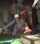  1girl 4boys absurdres blush book breasts brown_eyes brown_hair crying eudetenis fire_emblem fire_emblem:_mystery_of_the_emblem hair_ornament hairband highres imminent_gangbang imminent_rape kneeling linde_(fire_emblem) long_hair multiple_boys nipples one_breast_out ponytail reaching reaching_out restrained sandals struggling tears teeth the_goblin torn_clothes 