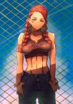  abs aduti_momoyama black_shirt bracelet braid brown_eyes crop_top denim facial_mark fire_emblem fire_emblem:_three_houses highres jeans jewelry long_hair midriff navel pants petra_macneary purple_hair shirt sunset 