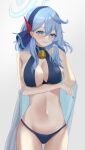  1girl ako_(blue_archive) arm_under_breasts bell bikini blue_archive blue_eyes blue_hair blue_halo breasts cleavage cleavage_cutout clothing_cutout halo highres katagirinanoka large_breasts looking_at_viewer mole mole_under_eye navel neck_bell playing_with_own_hair solo swimsuit 
