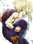  1boy absurdres battle_damage blonde_hair blue_sash clenched_hand closed_mouth dougi dragon_ball dragon_ball_z green_eyes highres male_focus nekokan201 sash serious solo son_gohan spiked_hair super_saiyan super_saiyan_2 wristband 