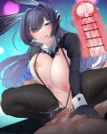  1boy 1girl absurdres animal_ears arm_support azur_lane black_gloves black_legwear black_swimsuit blue_eyes blue_ribbon blush bouncing_breasts breasts closed_mouth clothing_aside commission cowgirl_position cross-section cum cum_in_pussy cum_on_body cum_on_breasts english_commentary eyebrows_behind_hair eyes_visible_through_hair floating_hair gloves hair_over_one_eye heart heart-shaped_pupils hetero highres internal_cumshot k0ng large_breasts leaning_forward long_hair lying meme_attire navel neck_ribbon new_jersey_(azur_lane) nipples nude on_back penis pov purple_hair pussy_juice rabbit_ears reverse_bunnysuit reverse_outfit ribbon sex shrug_(clothing) slingshot_swimsuit solo_focus spread_legs squatting_cowgirl_position straddling sweat swimsuit swimsuit_aside symbol-shaped_pupils thighhighs tongue tongue_out vaginal 
