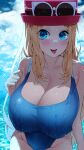  1girl :p bare_shoulders blonde_hair blue_eyes blue_swimsuit blush breasts cleavage dripping eyewear_on_head hat large_breasts long_hair pink_headwear pokemon pokemon_(game) pokemon_xy pool serena_(pokemon) solo solo_focus sumisumii sunglasses swimsuit tongue tongue_out water 