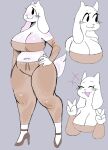  anthro belly big_breasts boss_monster bovid breasts caprine chubby_female cleavage clothed clothing digital_media_(artwork) double_v_sign female fur gesture happy hi_res high_heels horn huge_breasts mammal navel puppkittyfan1 simple_background slightly_chubby smile solo tan_clothing thick_thighs toriel undertale undertale_(series) v_sign video_games white_body white_fur white_tail wide_hips 