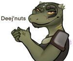  2022 4_fingers anthro argonian armor bethesda_softworks deeja deez_nuts female fingers green_body green_scales hi_res looking_at_viewer ncs pauldron pupils scales scalie slit_pupils solo text the_elder_scrolls video_games yellow_sclera 