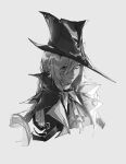  1girl a9712mob arknights ascot coat cropped_torso ear_piercing gladiia_(arknights) grey_background greyscale hair_between_eyes hat highres long_hair looking_at_viewer monochrome piercing pointy_ears simple_background solo upper_body 