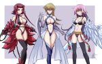  3girls alternate_costume arm_blade bangs bare_shoulders bikini black_rose_dragon black_rose_dragon_(cosplay) blonde_hair breasts brown_eyes chaya_mago choker cleavage collarbone cosplay earrings elbow_gloves feet_out_of_frame gloves green_eyes hair_between_eyes hair_ornament hair_tubes hand_up harpie_dancer harpie_dancer_(cosplay) harpie_queen harpie_queen_(cosplay) high_heels highres holding holding_whip izayoi_aki jewelry kachi_kochi_dragon kachi_kochi_dragon_(cosplay) large_breasts luna_(yu-gi-oh!_zexal) multiple_girls navel one-piece_swimsuit red_hair sandals scarf shoes short_hair_with_long_locks sidelocks signature simple_background single_earring standing stomach swimsuit tenjouin_asuka thighhighs weapon yellow_eyes yu-gi-oh! yu-gi-oh!_5d&#039;s yu-gi-oh!_gx yu-gi-oh!_zexal 