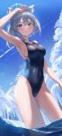  1girl 2gong_(9ujin_) absurdres animal_ear_fluff animal_ears arm_on_head arm_up armpits bangs bare_arms bare_shoulders black_swimsuit blue_archive blue_eyes blue_sky blue_swimsuit blush breasts bright_pupils cat_ears closed_mouth cloud cloudy_sky competition_swimsuit contrail covered_navel cross_hair_ornament day extra_ears grey_hair hair_between_eyes hair_ornament halo hand_on_own_head highleg highleg_swimsuit highres large_breasts looking_at_viewer medium_hair mismatched_pupils multicolored_clothes multicolored_swimsuit official_alternate_costume one-piece_swimsuit outdoors ponytail shiroko_(blue_archive) shiroko_(swimsuit)_(blue_archive) sideboob sidelocks sky solo standing swimsuit thighs two-tone_swimsuit water water_drop wet wet_clothes wet_swimsuit white_pupils 