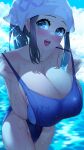  1girl :p akari_(pokemon) bandana bare_shoulders black_hair blue_eyes blue_swimsuit blush breasts cleavage dripping large_breasts long_hair pokemon pokemon_(game) pokemon_legends:_arceus pool solo solo_focus sumisumii swimsuit thighs tongue tongue_out water white_headwear 