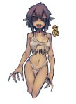  1girl black_hair bra breasts claws exposed_bone ghoul_(terraria) highres long_fingers monster_girl navel no_pupils nyong_nyong open_mouth panties personification pointy_ears reference_inset ribs sharp_teeth short_hair simple_background small_breasts solo spine teeth terraria torn_clothes undead underwear white_background 