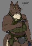 anthro armor assault_rifle belt biceps black_nose brown_body brown_fur brown_hair bulletproof_vest canid canine canis capreoline cervid chest_tuft clothing codpiece coyote digital_media_(artwork) domestic_dog english_text equid equine fur gun hair handgun hi_res holding_gun holding_object holding_weapon hybrid kyoot_(snakedakyoot) leg_holster looking_at_viewer male mammal moose muscular muscular_anthro muscular_male pistol pubes ranged_weapon rifle simple_background snakedakyoot solo standing teeth text text_on_clothing text_on_codpice text_on_topwear topwear tuft vest weapon yellow_eyes 