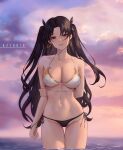  1girl arm_behind_back aztodio bangs bare_shoulders bikini black_bikini black_hair blue_sky blush breasts choker cleavage collarbone cowboy_shot earrings fate/grand_order fate_(series) gold_earrings gold_trim gradient_sky hair_ribbon halterneck holding_own_arm hoop_earrings ishtar_(fate) jewelry large_breasts long_hair looking_at_viewer mismatched_bikini navel ocean open_mouth orange_sky parted_bangs parted_lips partially_submerged red_eyes revision ribbon sky smile solo stomach swimsuit thigh_gap thighs twilight two_side_up very_long_hair wading white_bikini white_choker 