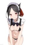  1girl bangs bikini black_hair blush breasts cleavage coro_fae folded_ponytail frilled_bikini frills hair_ribbon highres kaguya-sama_wa_kokurasetai_~tensai-tachi_no_renai_zunousen~ looking_at_viewer maid maid_headdress navel nipples parted_bangs red_eyes red_ribbon ribbon shinomiya_kaguya sidelocks small_breasts solo swimsuit white_background 