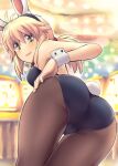  1girl animal_ears ass ass_focus bangs black_hairband black_leotard blonde_hair blurry blurry_background blush breasts brown_legwear commentary_request depth_of_field fake_animal_ears green_eyes hair_between_eyes hairband highres koshirae_tsurugi leotard long_hair looking_at_viewer looking_back low_ponytail m.m medium_breasts original pantyhose ponytail rabbit_ears rabbit_tail smile solo strapless strapless_leotard tail wrist_cuffs 
