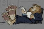  2022 4_fingers 4_toes anthro barefoot black_tie_(suit) chair claws clothing crossed_legs desk disney feet feet_on_desk felid fingers foot_focus furniture hi_res holding_object inside joeleo55515 leodore_lionheart lion male mammal mane office pantherine pawpads sitting solo suit table toe_claws toes zootopia 