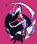  1other absurdres aerodactyl awalys english_commentary fossil ghost glitch highres kabutops looking_to_the_side missingno. orange_background outstretched_hand pink_background pokemon pokemon_(creature) pokemon_tower_ghost siivagunner simple_background skeleton skull smile static 