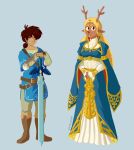  5_fingers anthro antlers belt blonde_hair blue_clothing blue_dress boots breasts brown_hair buckteeth capreoline cervid clothing cosplay crown deltarune doe_with_antlers dress duo ear_piercing ear_ring female fingers footwear freckles hair hi_res horn human krimsonmay kris_(deltarune) link long_hair looking_at_viewer male mammal master_sword melee_weapon nintendo noelle_holiday piercing princess_zelda red_eyes red_nose regalia reindeer ring_piercing simple_background sword teeth the_legend_of_zelda tiara undertale_(series) video_games weapon 