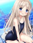  1girl ass blue_eyes blue_swimsuit blush brown_hair highres kud_wafter kudpoid_(71139) little_busters! long_hair looking_at_viewer noumi_kudryavka one-piece_swimsuit open_mouth outdoors pool poolside school_swimsuit sitting solo swimsuit thighs towel 