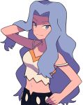  1girl alternate_color bare_shoulders black_pants blue_eyes blue_hair breasts closed_mouth commentary_request eyelashes grey_hair hand_on_hip hand_up karen_(pokemon) long_hair midriff navel pants pokemon pokemon_(game) pokemon_masters_ex shirt sleeveless smile solo standing stomach tyako_089 white_background white_shirt 