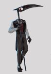  1_eye absurd_res belt clothing for_a_head gloves handwear hi_res holding_object humanoid iris_of_the_lambs jacket male melee_weapon object_head polearm scythe solo topwear weapon 