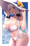  1girl azur_lane bangs bare_shoulders bikini blush breasts cleavage flower hair_ornament hat hat_flower hat_ornament highres illustrious_(azur_lane) large_breasts large_hat long_hair looking_at_viewer mole mole_under_eye navel open_mouth outdoors smile solo swimsuit wee_(weeyy) white_bikini white_hair white_headwear 