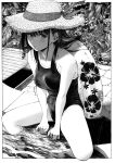  1girl bangs barefoot between_legs black_hair breasts commentary full_body gagaimo greyscale hand_between_legs hat highres innertube long_hair looking_at_viewer medium_breasts monochrome one-piece_swimsuit original parted_lips pool poolside sitting soaking_feet solo straw_hat swimsuit water 