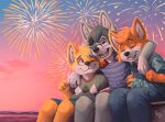  anthro canid canine canis clothing eyewear fireworks fox glasses group male mammal pandapaco trio wolf 