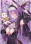  1girl animal_ears arm_up breasts breasts_apart cat_ears doll fingerless_gloves gloves habit hair_between_eyes holding holding_doll holding_scissors jewelry long_hair medium_breasts mole mole_under_mouth n_kamui nun open_mouth original pink_nails purple_eyes purple_hair purple_ribbon ribbon scissors solo upper_body wolf_ears wolf_girl 