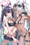  2girls absurdres animal_ear_fluff animal_ears armpits bangs bikini black_bikini black_gloves black_hair blue_archive bow breasts cat_ears cat_girl cleavage commentary_request dark_skin demon_girl demon_tail frilled_bikini frills gloves grey_hair hair_between_eyes hair_bow hair_over_one_eye hair_ribbon halo highres iori_(blue_archive) iori_(swimsuit)_(blue_archive) long_hair looking_at_viewer medium_hair multiple_girls navel official_alternate_costume pointy_ears red_eyes ribbon ryoma_(rym_369) serika_(blue_archive) serika_(swimsuit)_(blue_archive) sidelocks simple_background stomach sweatdrop swimsuit tail trait_connection twintails wet wet_clothes wet_swimsuit white_background 