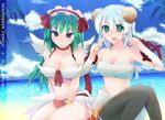  2girls arm_wrap bangle bangs beach bikini black_pants blue_sky blush bow bracelet breasts brown_horns character_name cleavage closed_mouth cloud commentary_request curled_horns day eon_(greencastle) feathered_wings feet_out_of_frame frilled_hairband frills green_eyes green_hair hair_between_eyes hair_bow hairband horns jewelry large_breasts long_hair looking_at_viewer medium_breasts mismatched_bikini multiple_girls ocean open_mouth outdoors palm_tree pants pointing pointing_at_self purple_eyes ragnarok_online red_bikini red_bow red_hairband sarashi short_hair sky smile sura_(ragnarok_online) swimsuit tree wanderer_(ragnarok_online) water white_bikini white_hair white_wings wings 