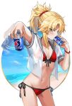  1girl afterimage bangs beach bikini blue_sky blush braid brand_name_imitation breasts can collarbone commentary_request day drinking fate/grand_order fate_(series) french_braid green_eyes hair_ornament hair_scrunchie highres long_hair looking_at_viewer mordred_(fate) mordred_(swimsuit_rider)_(fate) mordred_(swimsuit_rider)_(second_ascension)_(fate) navel open_clothes open_shirt parted_bangs pepsi ponytail red_bikini red_scrunchie sailor_collar scrunchie shirt shore short_sleeves sidelocks sky small_breasts soda_can swimsuit thighs tonee white_shirt 