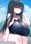  1girl absurdres akitokage bangs black_hair blue_sky blunt_bangs blush breasts competition_swimsuit gate hairclip_removed highres huge_breasts long_hair looking_at_viewer one-piece_swimsuit original outdoors poolside purple_eyes sitting sky solo swimsuit wet wet_clothes wet_hair wet_swimsuit 