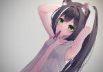  1girl animal_ear_fluff animal_ears armpits arms_up bangs black_hair blush cat_ears dutch_angle flat_chest gradient gradient_background green_eyes grey_background grey_shirt karyl_(princess_connect!) long_hair mouth_hold multicolored_hair navel no_bra ponytail princess_connect! shirt sleeveless sleeveless_shirt solo streaked_hair tamariyazuna two-tone_hair tying_hair unbuttoned unbuttoned_shirt upper_body very_long_hair white_hair 