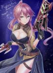  1girl belt breasts cleavage dress dual_wielding eiyuu_densetsu gloves gun highres holding holding_gun holding_sword holding_weapon jacket large_breasts looking_at_viewer pink_hair ponytail sara_valestein sen_no_kiseki signature smile solo sword weapon y2 yellow_eyes 