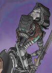  1girl android apex_legends arm_behind_back ash_(titanfall_2) black_sclera colored_sclera expressionless from_behind grey_eyes holding holding_sword holding_weapon hood hood_up looking_at_viewer metal_skin purple_background simulacrum_(titanfall) solo sword tatsuo_susumu weapon 