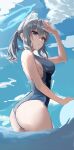  1girl absurdres animal_ear_fluff animal_ears arched_back arm_up ass bare_arms bare_shoulders black_swimsuit blue_archive blue_eyes breasts dasha expressionless extra_ears grey_hair halo highres long_hair looking_at_viewer medium_breasts one-piece_swimsuit parted_lips ponytail shiroko_(blue_archive) shiroko_(swimsuit)_(blue_archive) sidelocks solo standing swimsuit wading water 