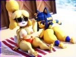  3d_(artwork) 4:3 animal_crossing ankha_(animal_crossing) anthro big_butt bikini bikini_bottom bikini_thong breasts butt canid canine canis clothed clothing digital_media_(artwork) domestic_cat domestic_dog duo eyewear felid feline felis hi_res isabelle_(animal_crossing) lying mammal nintendo on_front on_towel shih_tzu sunglasses swimwear tahlian topless towel toy_dog video_games 