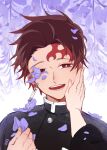  1boy brown_hair crying demon_slayer_uniform earrings facial_mark flower half-closed_eyes hand_on_another&#039;s_cheek hand_on_another&#039;s_face hand_up happy highres jewelry kamado_tanjirou kimetsu_no_yaiba looking_at_viewer male_focus mono_(bluesky) out_of_frame outstretched_arm petals portrait pov pov_hands purple_flower reaching red_eyes red_hair scar scar_on_face smile solo_focus wisteria 